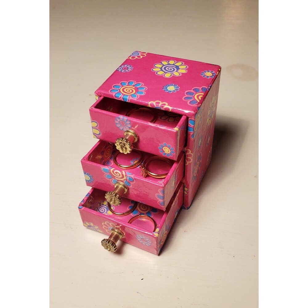 1990's Barbie Jewelry Box & 5 Rings Miniature 3 Drawer Dresser Chest Gold Tone